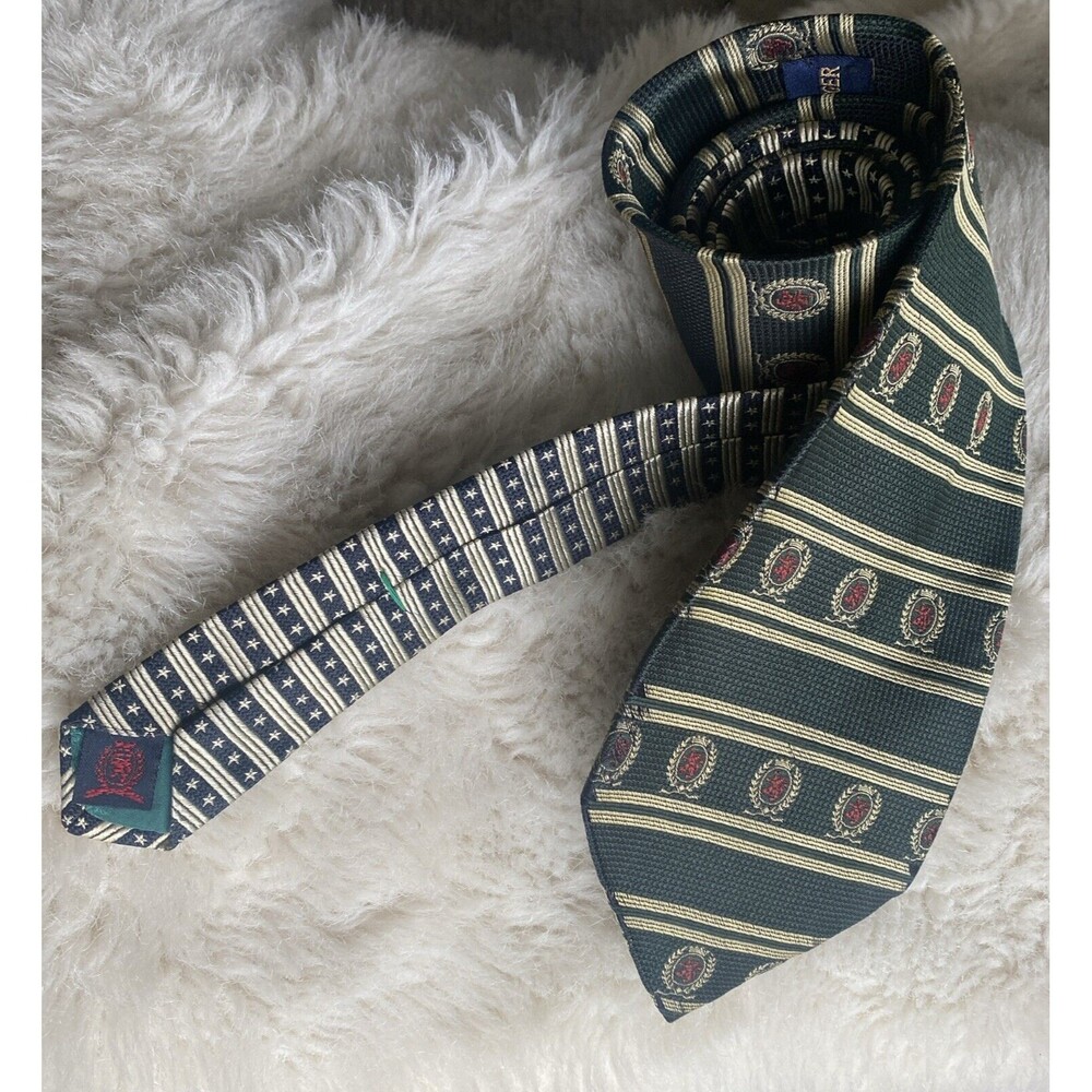 TOMMY HILFIGER Green/gold Tie 100% Italian Silk Made in USA Crest Flag Star